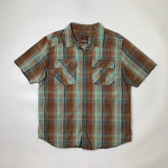 Prana Shirt Mens L Large Cotton Midas Snap Buttons Plaid Short Sleeve Western - Picture 2 of 11